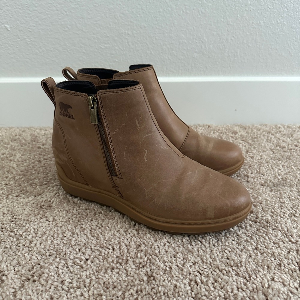 Sorel Evie II Zip Boots Women 8 Brown Leather Waterproof Wedge Ankle NL5025-242